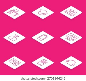 Definir linha Monitor e mesa do computador, globo de tampa de graduação, classe on-line, estudante, telefone celular, livro e ícone. Vetor