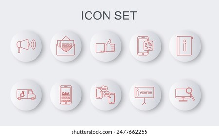 Set line Computer monitor diagnostics, Car service, Hand thumb up, Information, Megaphone, Envelope, Mobile Question Exclamation and Chat messages mobile icon. Vector