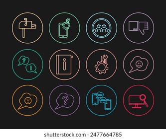 Set line Computer monitor diagnostics, Five stars rating review, User manual, Question and Exclamation, Open mail box, Wrench screwdriver gear and Mobile service icon. Vector