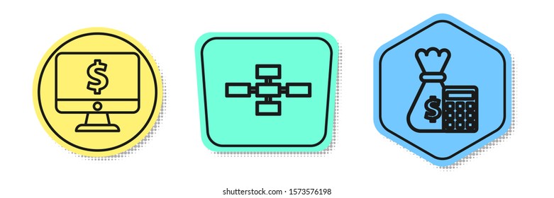 Set line Computer monitor with dollar symbol, Business hierarchy organogram chart infographics and Calculator with money bag. Colored shapes. Vector