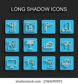 Set line Computer monitor, Electric drill machine, cordless screwdriver, circular saw, heater,  and planer tool icon. Vector