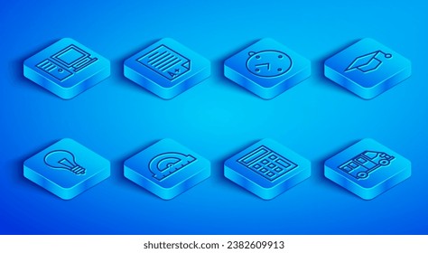 Set line Computer monitor, Exam sheet with A plus grade, Clock, Protractor, Calculator, Graduation cap, Light bulb concept of idea and School Bus icon. Vector