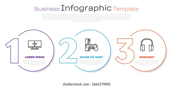 Set line Computer monitor, Game console with joystick and Headphones. Business infographic template. Vector