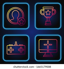 Set line Computer monitor, Gamepad, Premium create account screen and Award cup. Gradient color icons. Vector