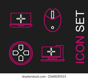 Set line Computer monitor, Gamepad, mouse gaming and Laptop icon. Vector