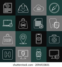 Set line Computer monitor and gear, First aid kit, Dental protection, Cloud upload, Weight pounds, Laptop, Clinical record and Transfer files icon. Vector