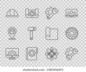 Set line Computer monitor and gear, Wrench spanner, User manual, Worker safety helmet, Hammer, Processor and Gear arrows as workflow icon. Vector