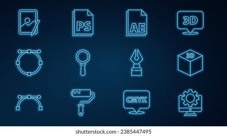 Set line Computer monitor and gear, Isometric cube, AE file document, Magnifying glass, Circle with Bezier curve, Graphic tablet, Fountain pen nib and PS File icon. Vector