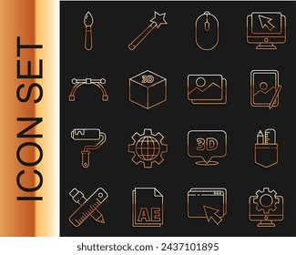 Set line Computer monitor and gear, Crossed ruler pencil, Graphic tablet, mouse, Isometric cube, Bezier curve, Paint brush and Picture landscape icon. Vector