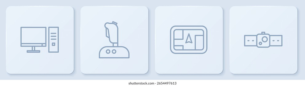 Set line Computer monitor, Gps device with map, Joystick for arcade machine and Smartwatch. White square button. Vector