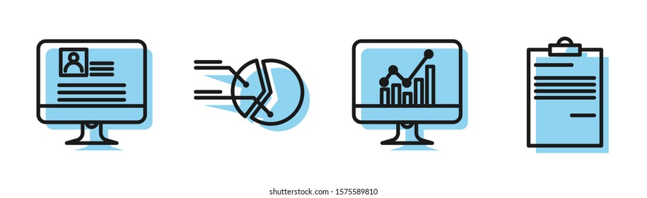 Set line Computer monitor with graph chart, Computer monitor with resume, Pie chart infographic and Document icon. Vector