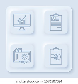 Set line Computer monitor with graph chart, Clipboard with resume, Safe and money and Clipboard with graph chart. White square button. Vector