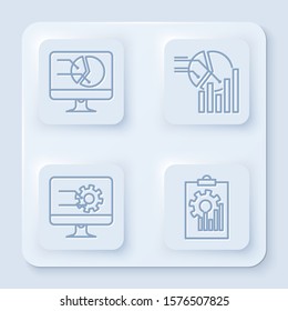 Set line Computer monitor with graph chart, Pie chart infographic, Computer monitor with graph chart and Clipboard with graph chart. White square button. Vector