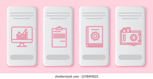 Set line Computer monitor with graph chart, Document, User manual and Safe and money. White rectangle button. Vector