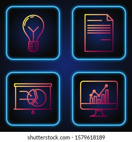 Set line Computer monitor with graph chart, Board with graph chart, Light bulb with concept of idea and Document. Gradient color icons. Vector