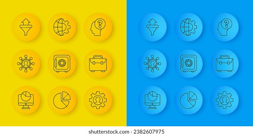 Set line Computer monitor with graph chart, Business network and communication, Safe, Human gear inside, Briefcase, Sales funnel arrows, head question mark and Globe of the Earth icon. Vector