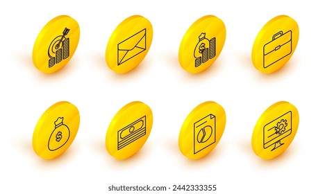 Set line Computer monitor with graph chart, Document, Stacks paper money cash, Money bag, Briefcase, and coin, Envelope and Target symbol icon. Vector