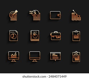 Set line Computer monitor with graph chart, screen, Target, Board resume, Clipboard, User manual,  and Briefcase and money icon. Vector