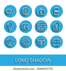 Set line Computer monitor with graph chart, Human gear inside, Job promotion, Graph, diagram, infographic, Briefcase, Wallet dollar, Contract money and Calculator icon. Vector