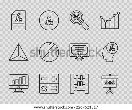 Set line Computer monitor with graph chart, Chalkboard, Magnifying glass percent, Calculator, Function mathematical symbol, Pie infographic, Abacus and  icon. Vector