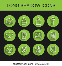 Set line Computer monitor with heart, Male gender symbol, Laptop, Female, Heart shield, Smartphone speech bubble, Valentines day party flyer and Like and icon. Vector