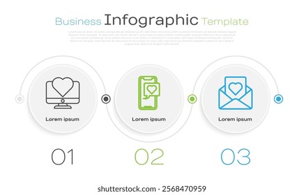 Set line Computer monitor with heart, Smartphone with heart speech bubble and Envelope with heart. Business infographic template. Vector