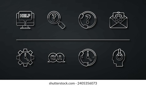 Set line Computer monitor and help, Time Management, Envelope setting, Telephone 24 hours support, Question Answer, Unknown search, Support operator touch and  icon. Vector