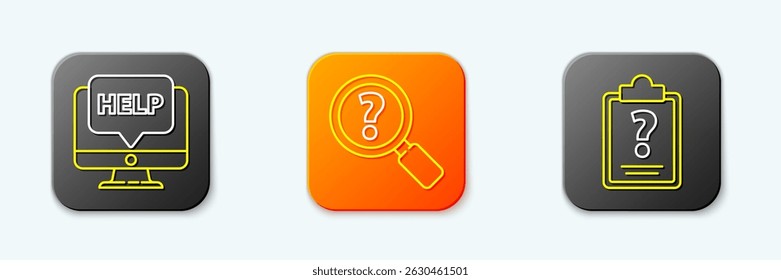 Set line Computer monitor and help, Unknown search and Clipboard with question marks icon. Vector