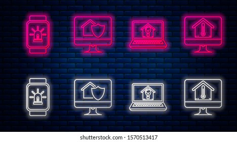 Set line Computer monitor with house under protection, Laptop with light bulb, Smart watch with smart house and alarm and Computer monitor with house temperature. Glowing neon on brick wall. Vector