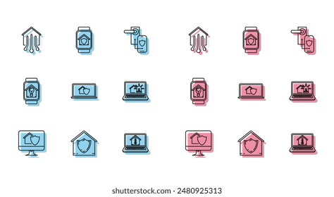 Set line Computer monitor with house under protection, House, Smart home, Laptop temperature, smart and alarm, watch light bulb and  icon. Vector