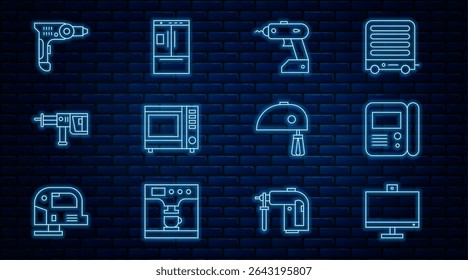 Set line Computer monitor, House intercom system, Electric cordless screwdriver, Microwave oven, Rotary hammer drill machine, mixer and Refrigerator icon. Vector