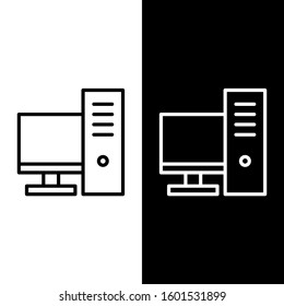 Set line Computer monitor icon isolated on black and white background. PC component sign.  Vector Illustration