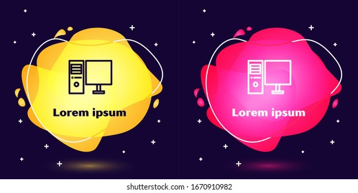 Set line Computer monitor icon isolated on blue background. PC component sign. Abstract banner with liquid shapes. Vector Illustration