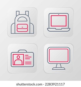 Set line Computer monitor, Identification badge, Laptop and School backpack icon. Vector