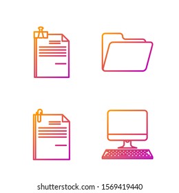 Set line Computer monitor with keyboard, File document and paper clip, File document and binder clip and Document folder. Gradient color icons. Vector