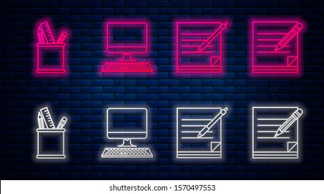 Set line Computer monitor with keyboard, Blank notebook and pen, Pencil case stationery and Blank notebook and pencil with eraser. Glowing neon icon on brick wall. Vector