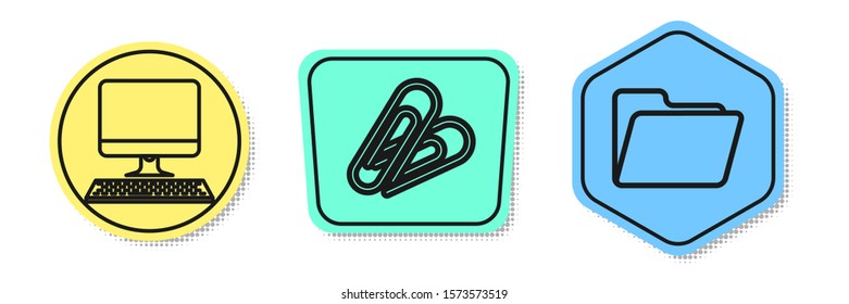Set line Computer monitor with keyboard, Paper clip and Document folder. Colored shapes. Vector