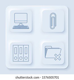 Set line Computer monitor with keyboard, Paper clip, Office folders with papers and documents and Delete folder. White square button. Vector