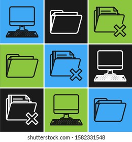 Set line Computer monitor with keyboard, Delete folder and Document folder icon. Vector
