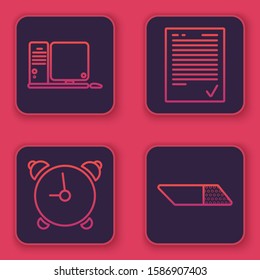 Set line Computer monitor with keyboard and mouse, Alarm clock, Exam sheet with check mark and Eraser or rubber. Blue square button. Vector