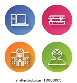Set line Computer monitor with keyboard and mouse, Office folders with papers and documents, School building and Student. Color circle button. Vector