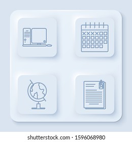 Set line Computer monitor with keyboard and mouse, Calendar, Earth globe and File document and paper clip. White square button. Vector