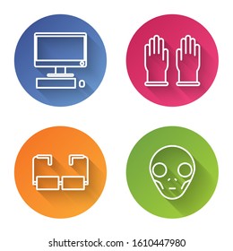 Set line Computer monitor with keyboard and mouse, Rubber gloves, Glasses and Extraterrestrial alien face. Color circle button. Vector