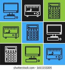 Set line Computer monitor with keyboard and mouse, Calculator and Electrical measuring instruments icon. Vector