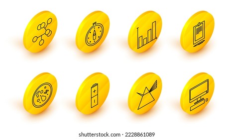 Set line Computer monitor with keyboard and mouse, Light rays in prism, Battery, Bacteria, Clipboard document, Pie chart infographic, Compass and Molecule icon. Vector