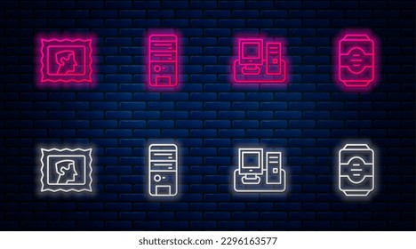 Set line Computer, Monitor with keyboard, Postal stamp and Energy drink. Glowing neon icon on brick wall. Vector