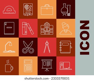 Set line Computer monitor with keyboard and mouse, Notebook, Teacher, Briefcase, Office folders papers documents, Protractor grid for measuring degrees and School building icon. Vector