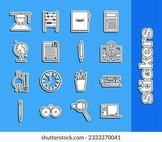 Set line Computer monitor with keyboard and mouse, Office folders papers documents, School building, Notebook, File clip, Earth globe, Graduate graduation cap and Pen icon. Vector