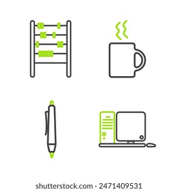 Set line Computer monitor with keyboard and mouse, Pen, Coffee cup and Abacus icon. Vector
