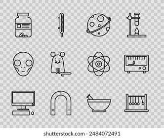 Set line Computer monitor with keyboard and mouse, Pendulum, Planet, Magnet, Medicine bottle pills, Rat, Mortar pestle and Electrical measuring instruments icon. Vector